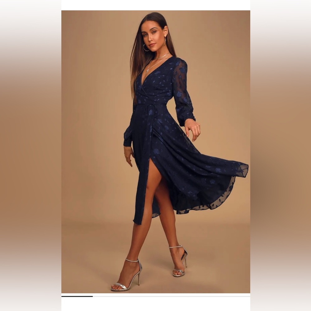 Lulus Evening of Elegance Navy Blue Floral Jacquard Wrap Midi Dress